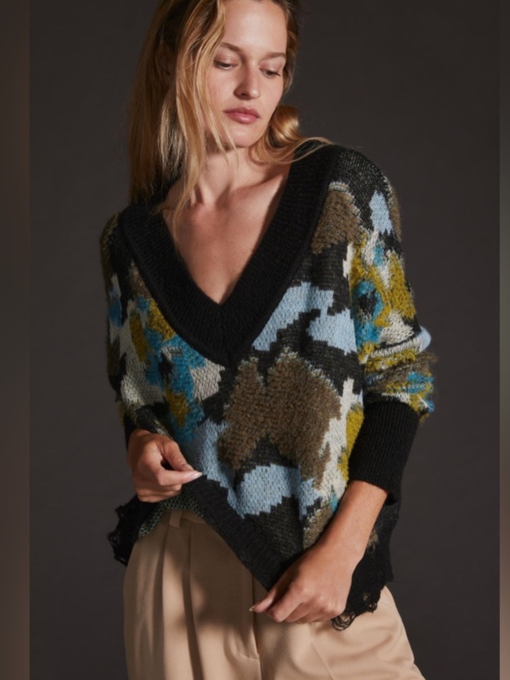 Anthropologie Drop Shoulder Raw Edge V-Neck Sweater MP